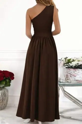 Women's Off-Shoulder Asymmetric Neckline Slit Maxi Shimmer Crepe Dress - 3