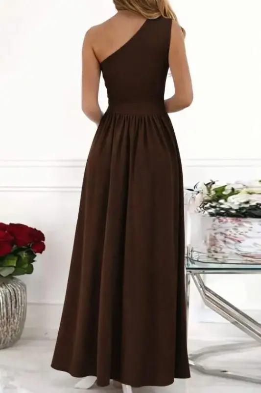 Women's Off-Shoulder Asymmetric Neckline Slit Maxi Shimmer Crepe Dress - 3