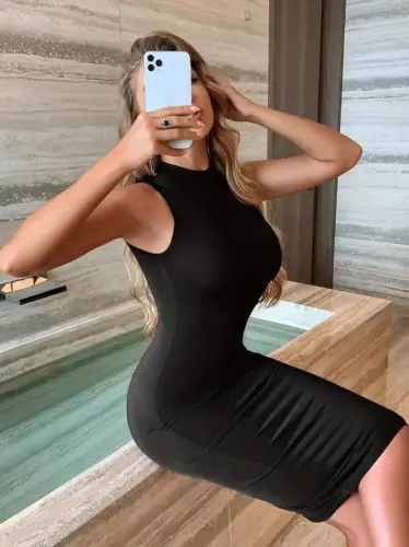 Women's Off-Shoulder Bike Collar Shimmer Crepe Dress - 5