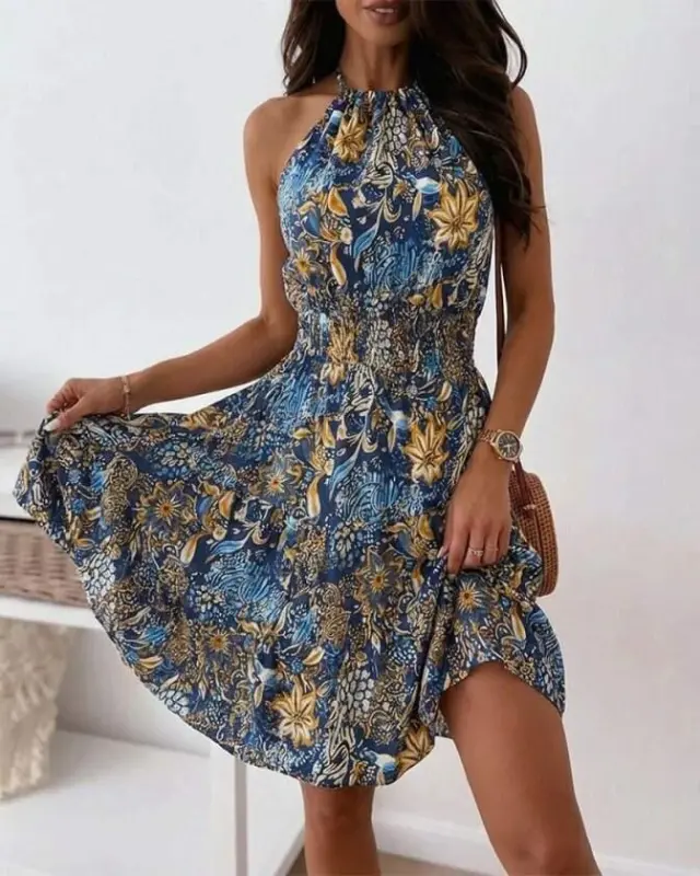 Women's Off-Shoulder Elastic Waist Patterned Short Supreme Dress - 1