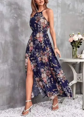 Women's Off-Shoulder Halter Neck Elastic Waist Gathered Detail Front Slit Floral Patterned Supreme Dress - 1