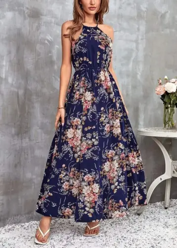 Women's Off-Shoulder Halter Neck Elastic Waist Gathered Detail Front Slit Floral Patterned Supreme Dress - 3