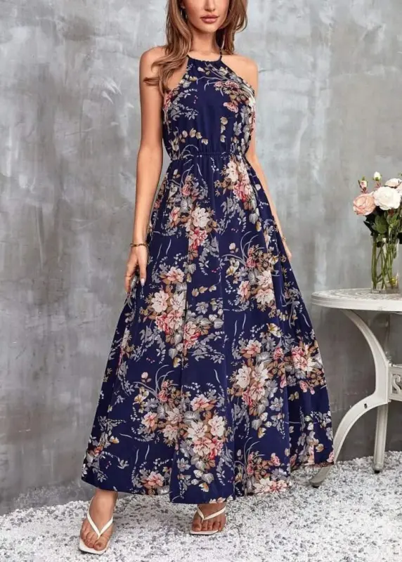 Women's Off-Shoulder Halter Neck Elastic Waist Gathered Detail Front Slit Floral Patterned Supreme Dress - 3