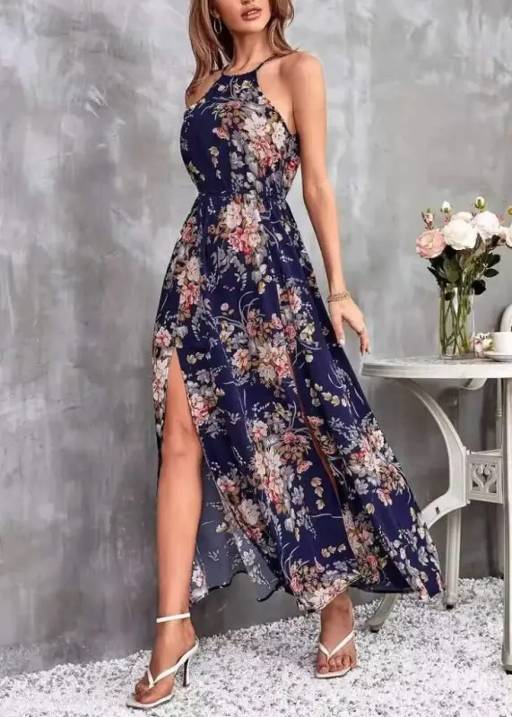 Women's Off-Shoulder Halter Neck Elastic Waist Gathered Detail Front Slit Floral Patterned Supreme Dress - 4