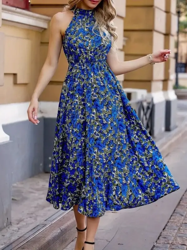 Women's Off-Shoulder Halter Neck Patterned Maxi Interlock Dress - 1