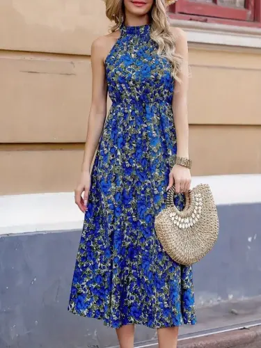 Women's Off-Shoulder Halter Neck Patterned Maxi Interlock Dress - BÜYÜKBEDENIZ (1)