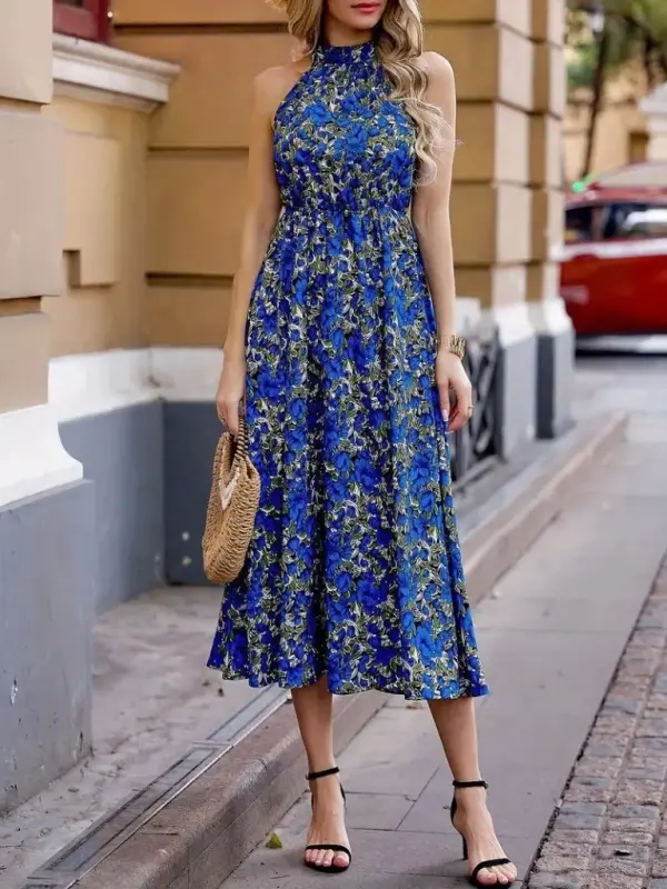 Women's Off-Shoulder Halter Neck Patterned Maxi Interlock Dress - 3