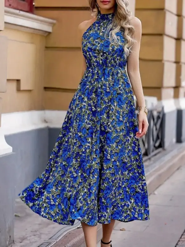 Women's Off-Shoulder Halter Neck Patterned Maxi Interlock Dress - 4