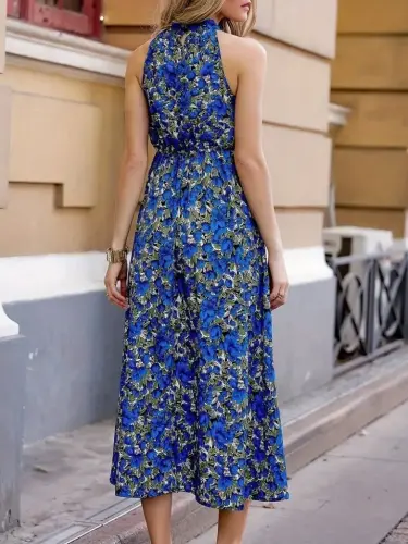 Women's Off-Shoulder Halter Neck Patterned Maxi Interlock Dress - 5