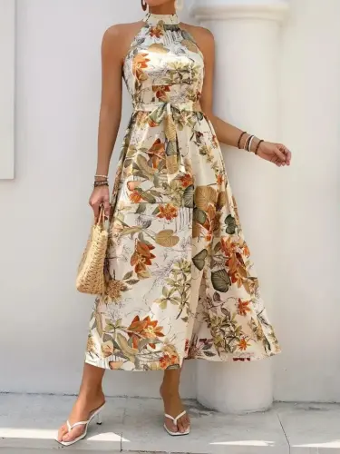Women's Off-Shoulder Halter Neck Slit Floral Print Jersey Dress - BÜYÜKBEDENIZ (1)