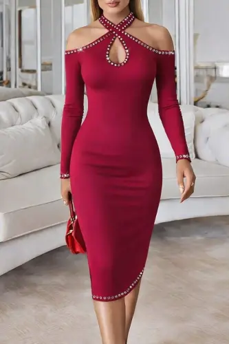 Women's Off Shoulder Halter Neckline Teardrop Detailed Stone Embellished Midi Scuba Dress - 1