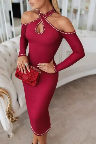 Women's Off Shoulder Halter Neckline Teardrop Detailed Stone Embellished Midi Scuba Dress - 2