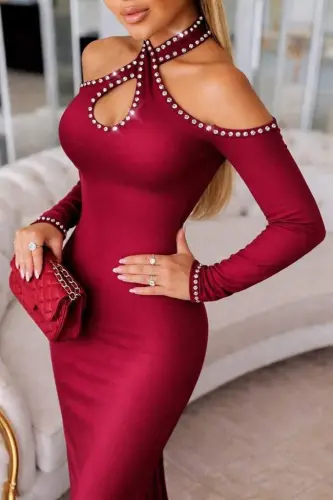 Women's Off Shoulder Halter Neckline Teardrop Detailed Stone Embellished Midi Scuba Dress - 4