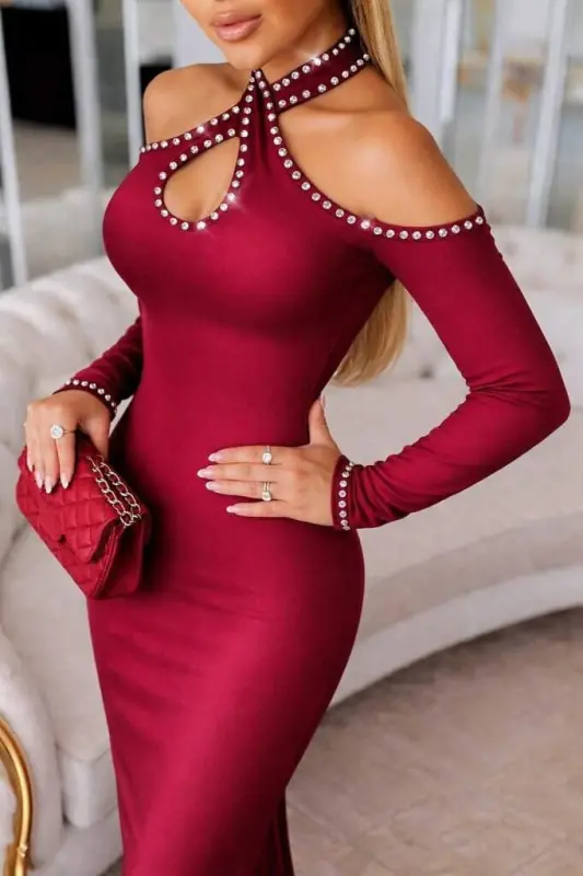 Women's Off Shoulder Halter Neckline Teardrop Detailed Stone Embellished Midi Scuba Dress - 4