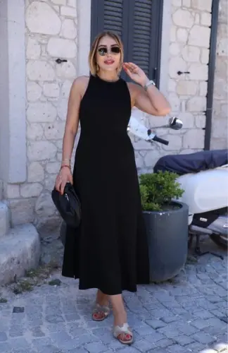 Women's Off-Shoulder Long Viscose Dress with Back Buckle Detail and Slit - 1