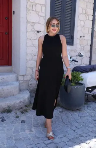 Women's Off-Shoulder Long Viscose Dress with Back Buckle Detail and Slit - 3