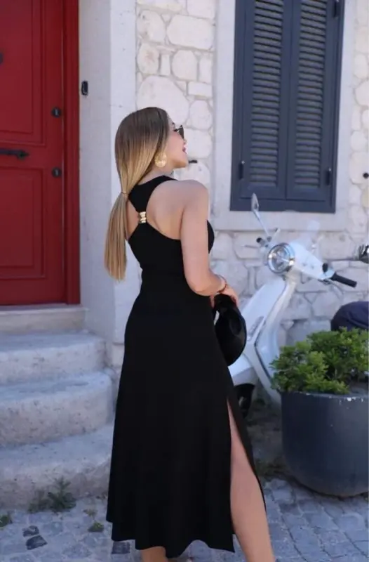 Women's Off-Shoulder Long Viscose Dress with Back Buckle Detail and Slit - 5