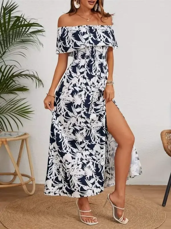 Women's Off-Shoulder Madonna Neck Floral Pattern Slit Long Supreme Dress - 2