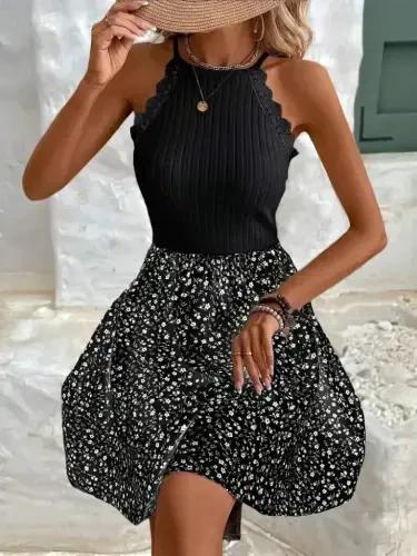 Women's Off-Shoulder Raglan Sleeve Detail Top Ruffled Ribbed Bottom Supima Dress - BÜYÜKBEDENIZ (1)