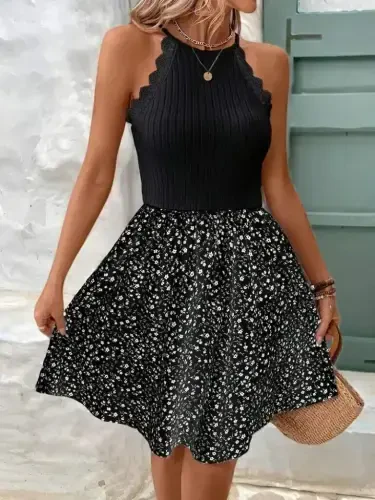 Women's Off-Shoulder Raglan Sleeve Detail Top Ruffled Ribbed Bottom Supima Dress - 5