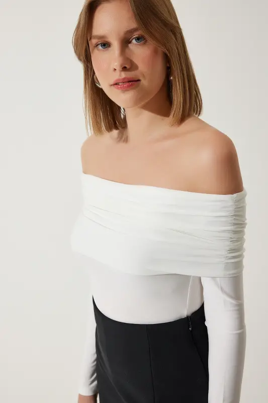 Women's Off-Shoulder Ruched Blouse FF00161-White - 2