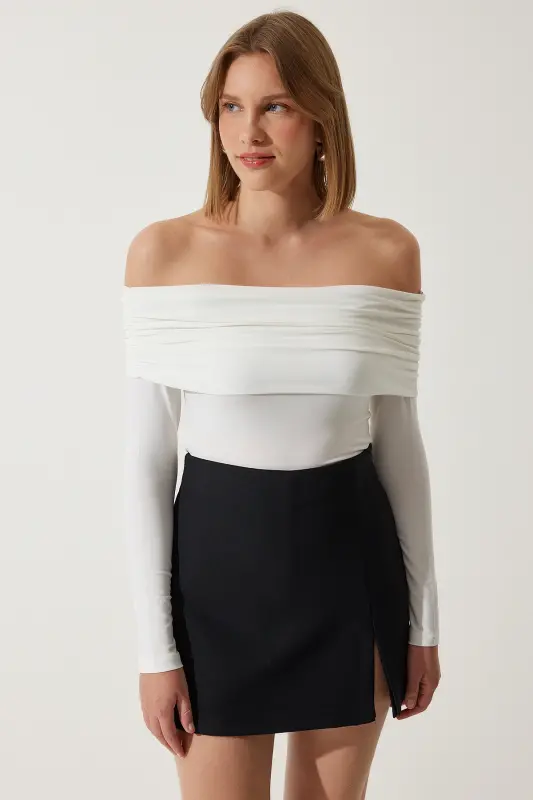 Women's Off-Shoulder Ruched Blouse FF00161-White - 3