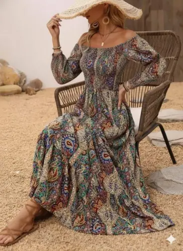 Women's Off-Shoulder Ruched Waist Digital Patterned Cut Staple Fiber Süprem Long Dress - 1