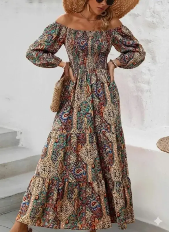 Women's Off-Shoulder Ruched Waist Digital Patterned Cut Staple Fiber Süprem Long Dress - 2