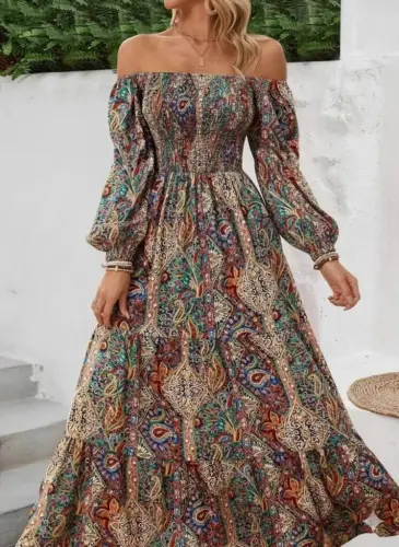 Women's Off-Shoulder Ruched Waist Digital Patterned Cut Staple Fiber Süprem Long Dress - 3