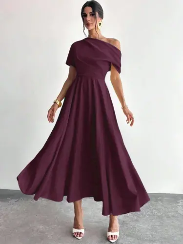 Women's Off-Shoulder Short Sleeve Pleated Long Shimmer Crepe Dress - 1