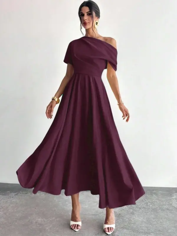 Women's Off-Shoulder Short Sleeve Pleated Long Shimmer Crepe Dress - 1