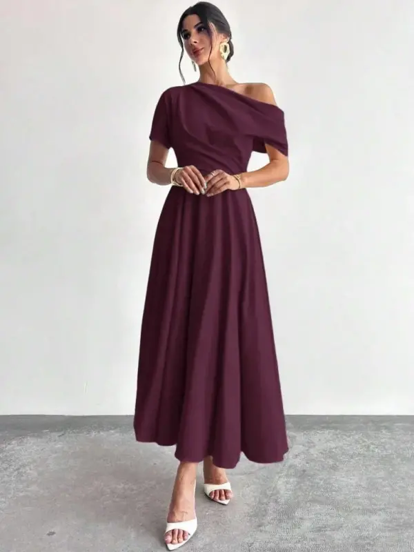 Women's Off-Shoulder Short Sleeve Pleated Long Shimmer Crepe Dress - 4