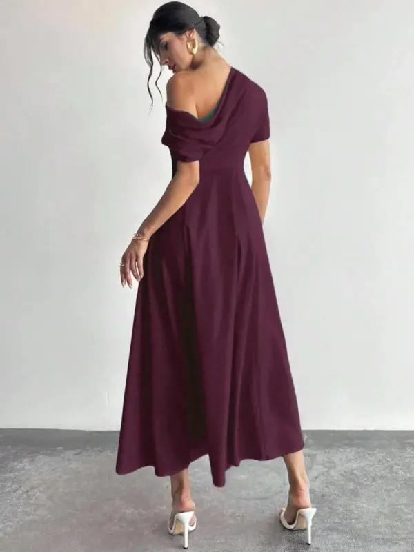 Women's Off-Shoulder Short Sleeve Pleated Long Shimmer Crepe Dress - 5