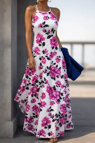 Women's Off-Shoulder Spaghetti Strap Patterned Long Supima Dress - 1