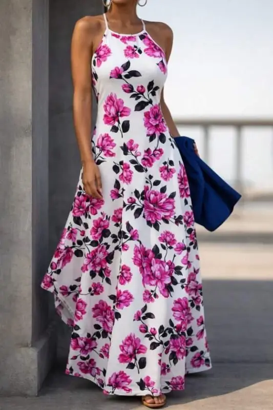 Women's Off-Shoulder Spaghetti Strap Patterned Long Supima Dress - BÜYÜKBEDENIZ
