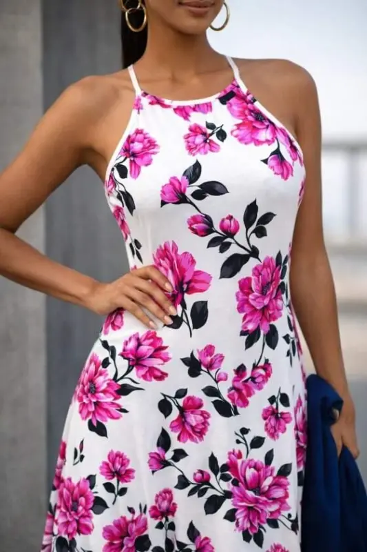 Women's Off-Shoulder Spaghetti Strap Patterned Long Supima Dress - 4