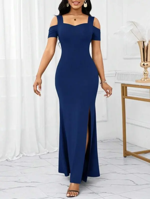 Women's Off-Shoulder Strappy Slit Detailed Long Imported Crepe Dress - 3