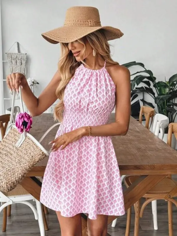 Women's Off-Shoulder Tie-Neck Elastic Waist Short Jersey Dress - 1
