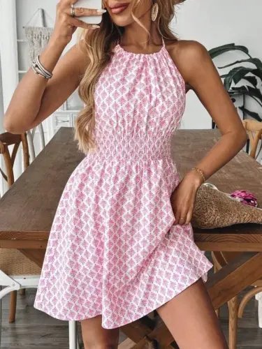 Women's Off-Shoulder Tie-Neck Elastic Waist Short Jersey Dress - BÜYÜKBEDENIZ (1)