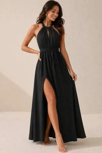 Women's Off-Shoulder Tie-Neck Slit Detail Long Shimmer Crepe Dress - 3