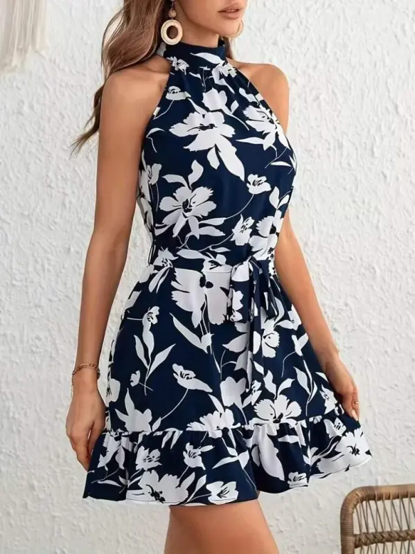 Women's Off-Shoulder Turtleneck Belted Patterned Short Jersey Dress - 3