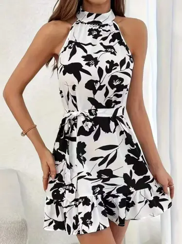 Women's Off-Shoulder Turtleneck Belted Patterned Short Suprem Dress - 1