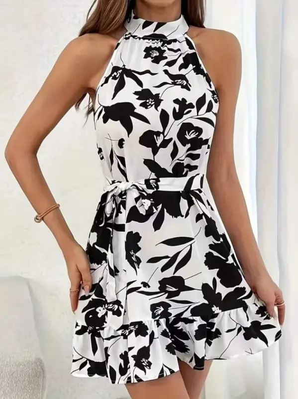 Women's Off-Shoulder Turtleneck Belted Patterned Short Suprem Dress - BÜYÜKBEDENIZ