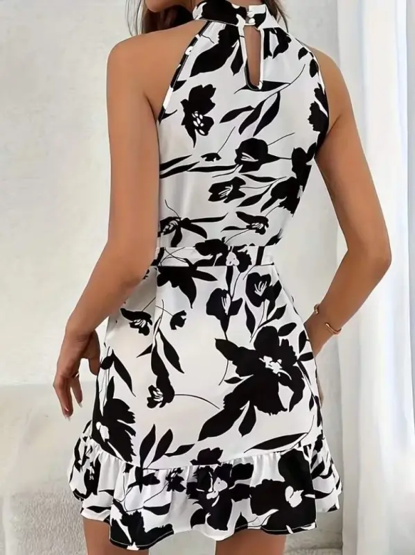 Women's Off-Shoulder Turtleneck Belted Patterned Short Suprem Dress - 3