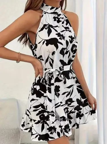 Women's Off-Shoulder Turtleneck Belted Patterned Short Suprem Dress - 5