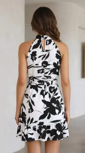 Women's Off-Shoulder Turtleneck Belted Patterned Short Suprem Dress - 7