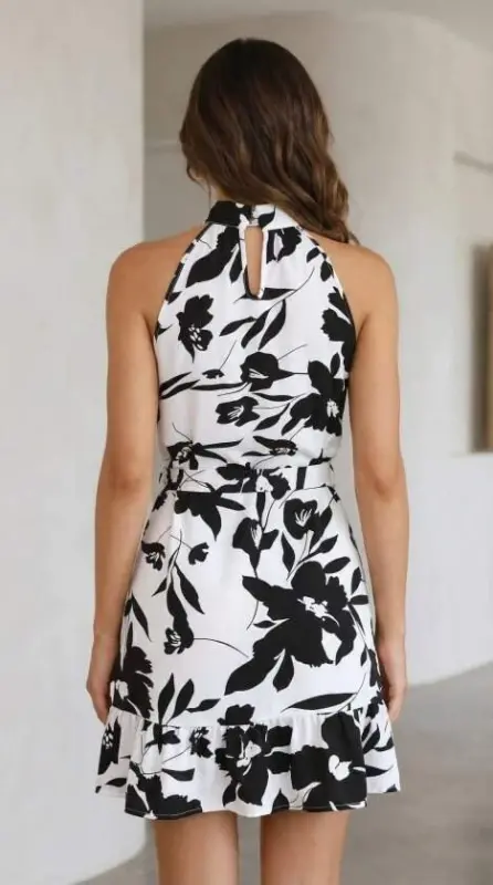 Women's Off-Shoulder Turtleneck Belted Patterned Short Suprem Dress - 7