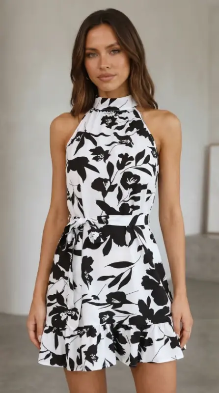 Women's Off-Shoulder Turtleneck Belted Patterned Short Suprem Dress - 8