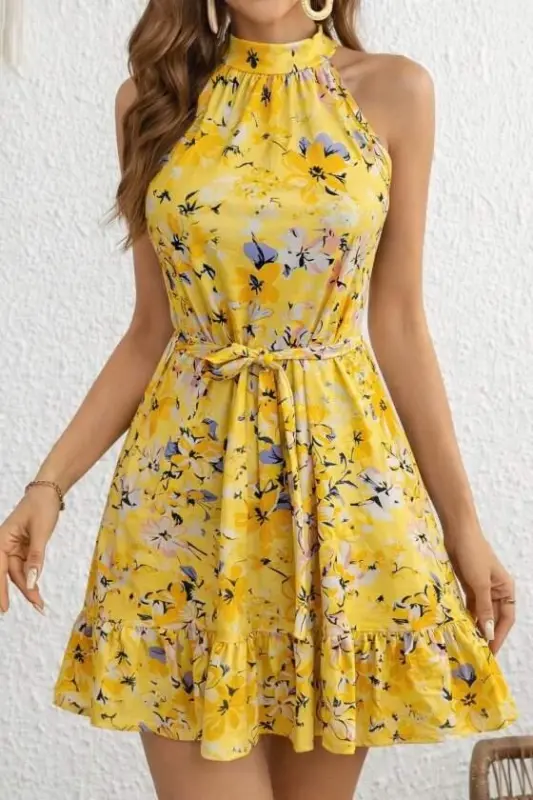 Women's Off-Shoulder Turtleneck Belted Patterned Short Suprem Dress - 1