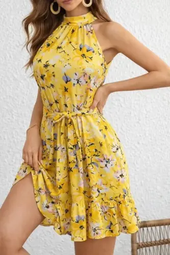 Women's Off-Shoulder Turtleneck Belted Patterned Short Suprem Dress - BÜYÜKBEDENIZ (1)